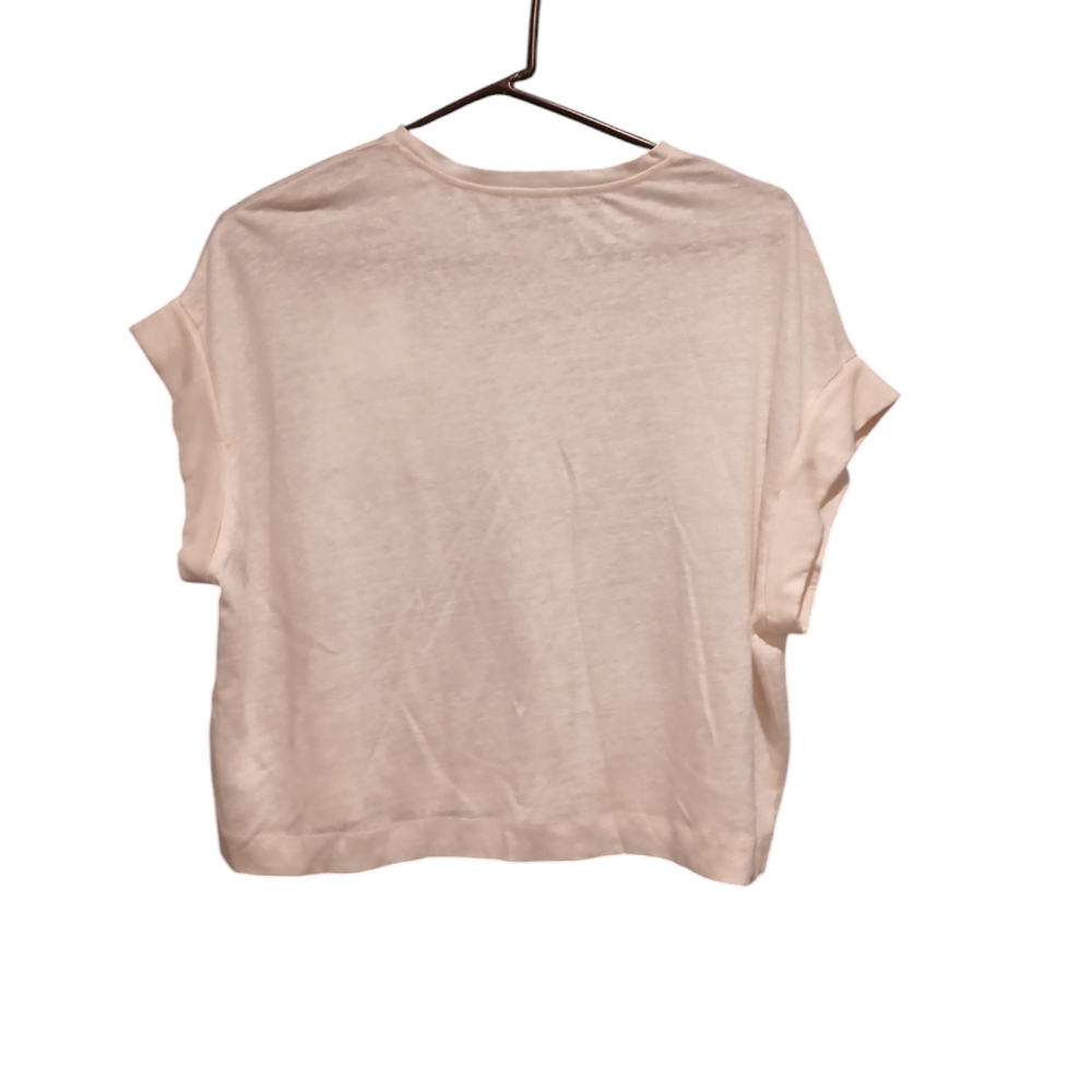 Sandro Boxy Cropped Lace Pocket Cream Ivory Tshirt Womans Lagenlook - Picture 2 of 10